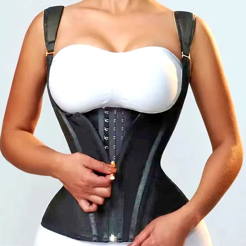Black shaping corset with front zipper and hook-and-eye back panel