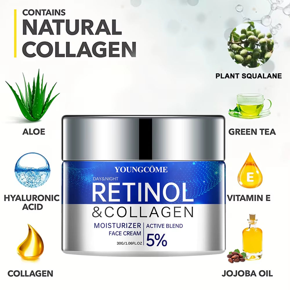 Retinol & collagen face cream jar with blue-and-silver finish, natural ingredient icons