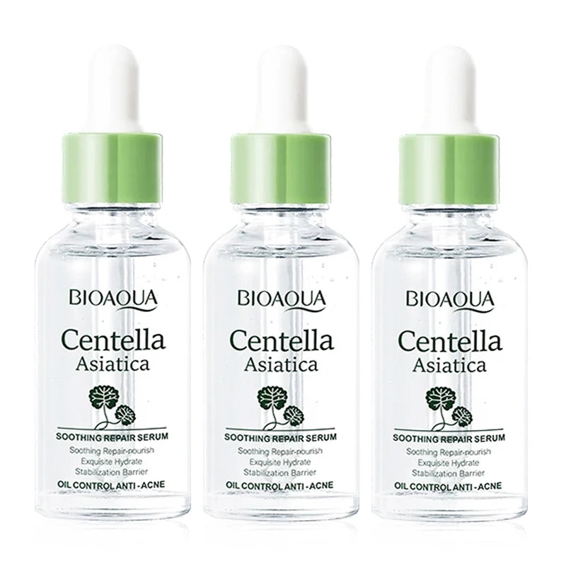 BIOAQUA Centella Asiatica face serum, three bottles with green caps