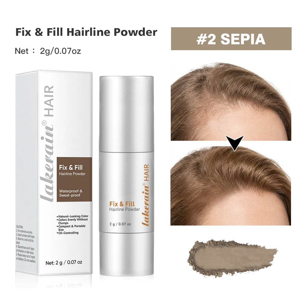 #2 sepia hairline powder: bottle and box with hairline coverage swatch