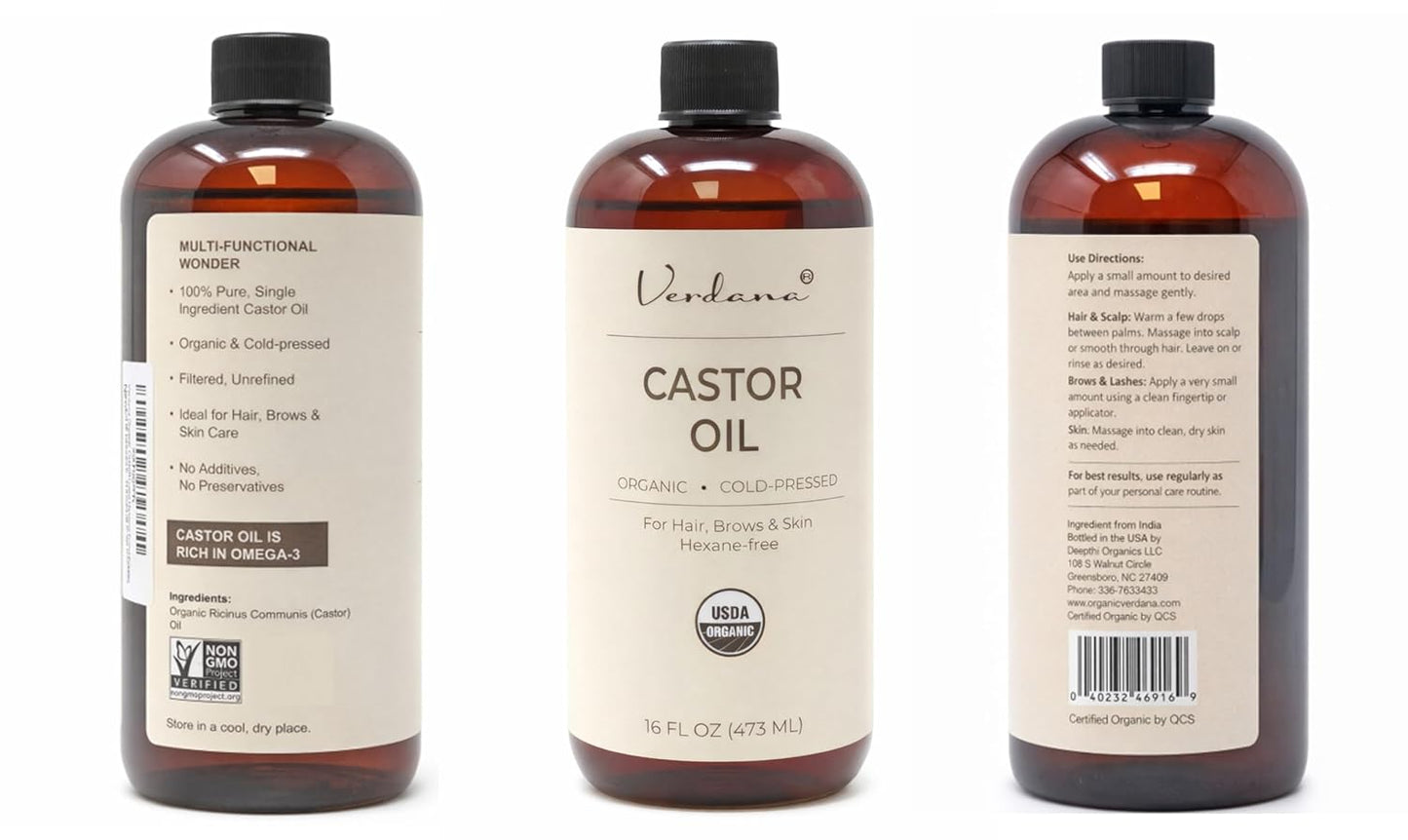 Organic castor oil bottles (front/back views), hexane-free, 16 fl oz