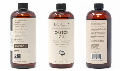 Organic castor oil bottles (front/back views), hexane-free, 16 fl oz