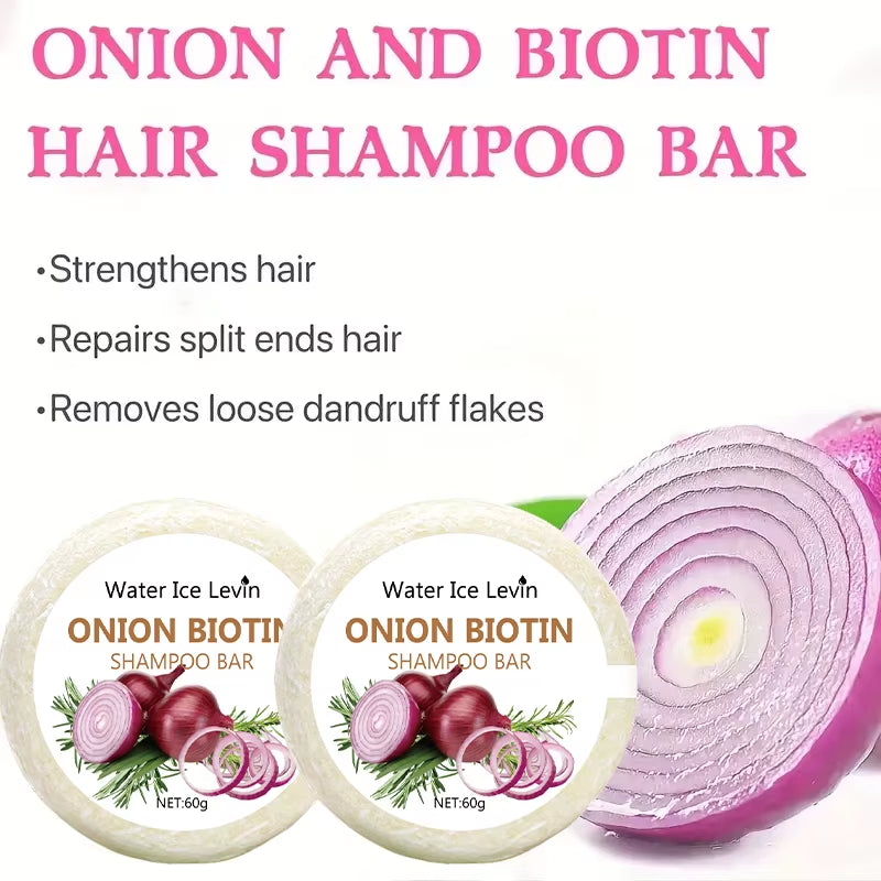 Onion biotin shampoo bar, solid beige circular soap with purple onion slice graphics