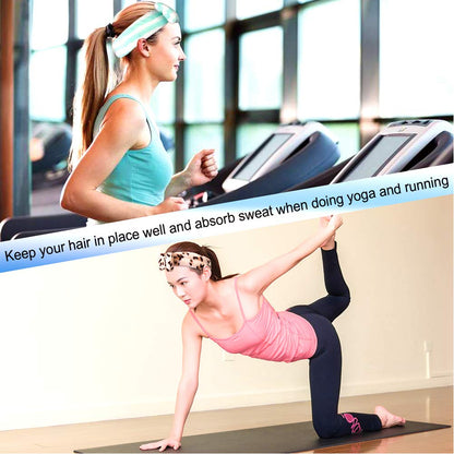 Leopard-print bow headband on ponytail during yoga stretch