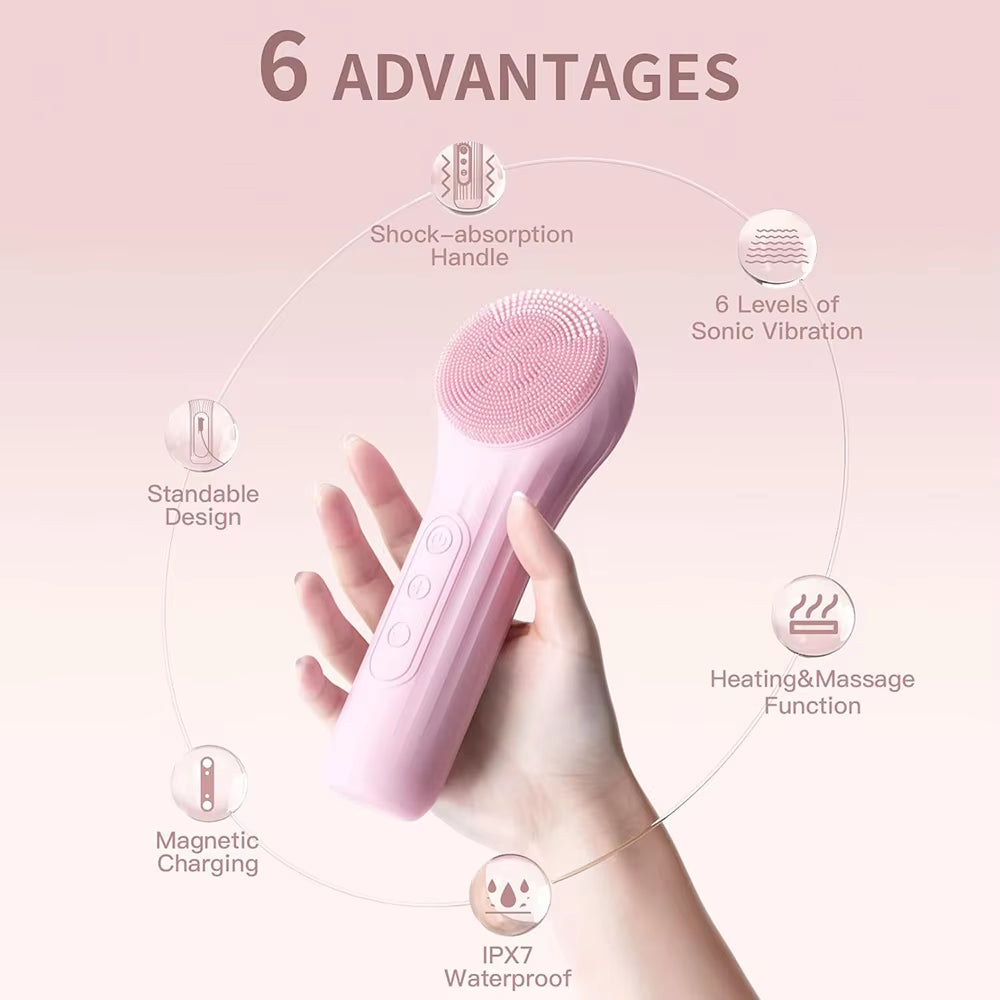 Pink rechargeable silicone facial cleansing brush with round sonic bristles and controls