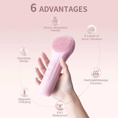 Pink rechargeable silicone facial cleansing brush with round sonic bristles and controls