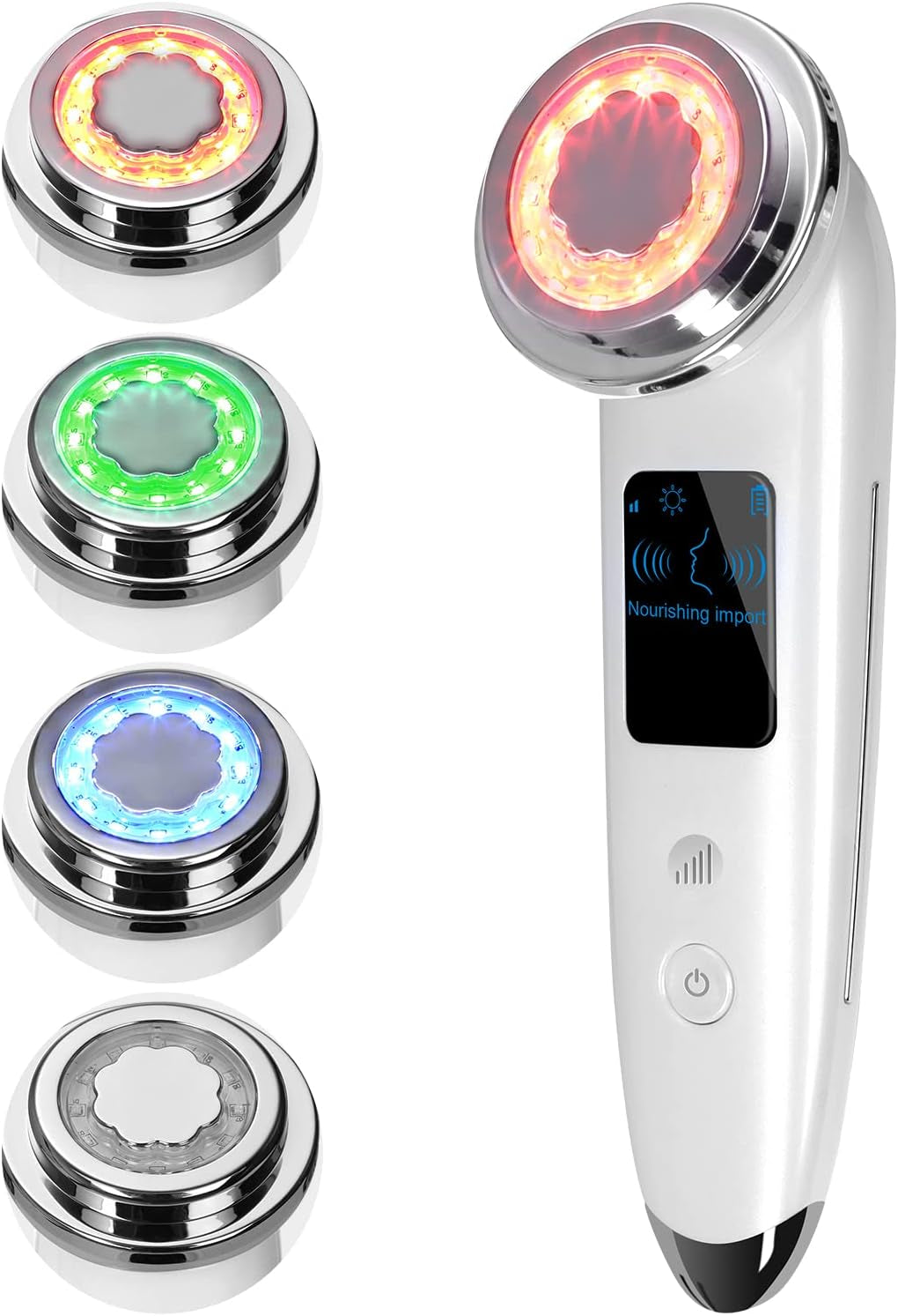 White electric face massager with round LED light heads and chrome base