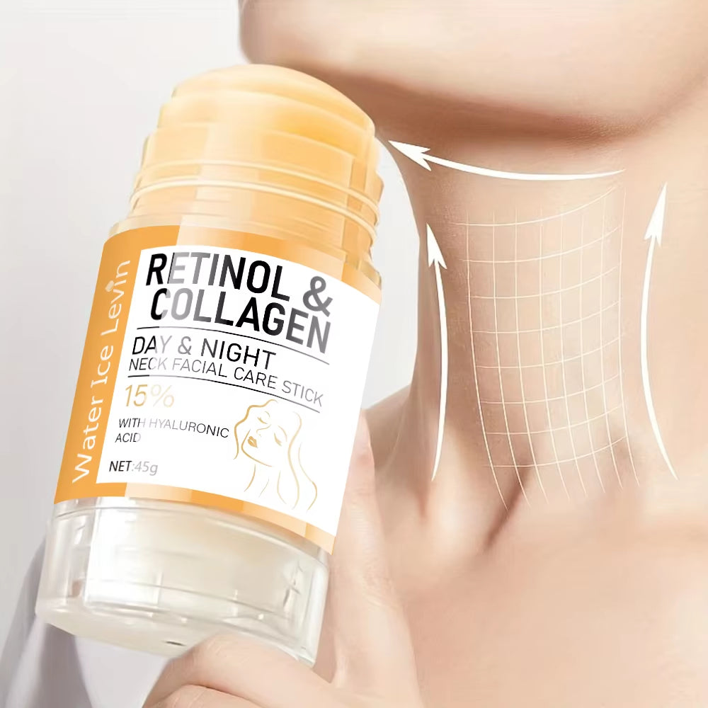 Retinol & Collagen neck care stick held near neck skin, Day & Night, 45g