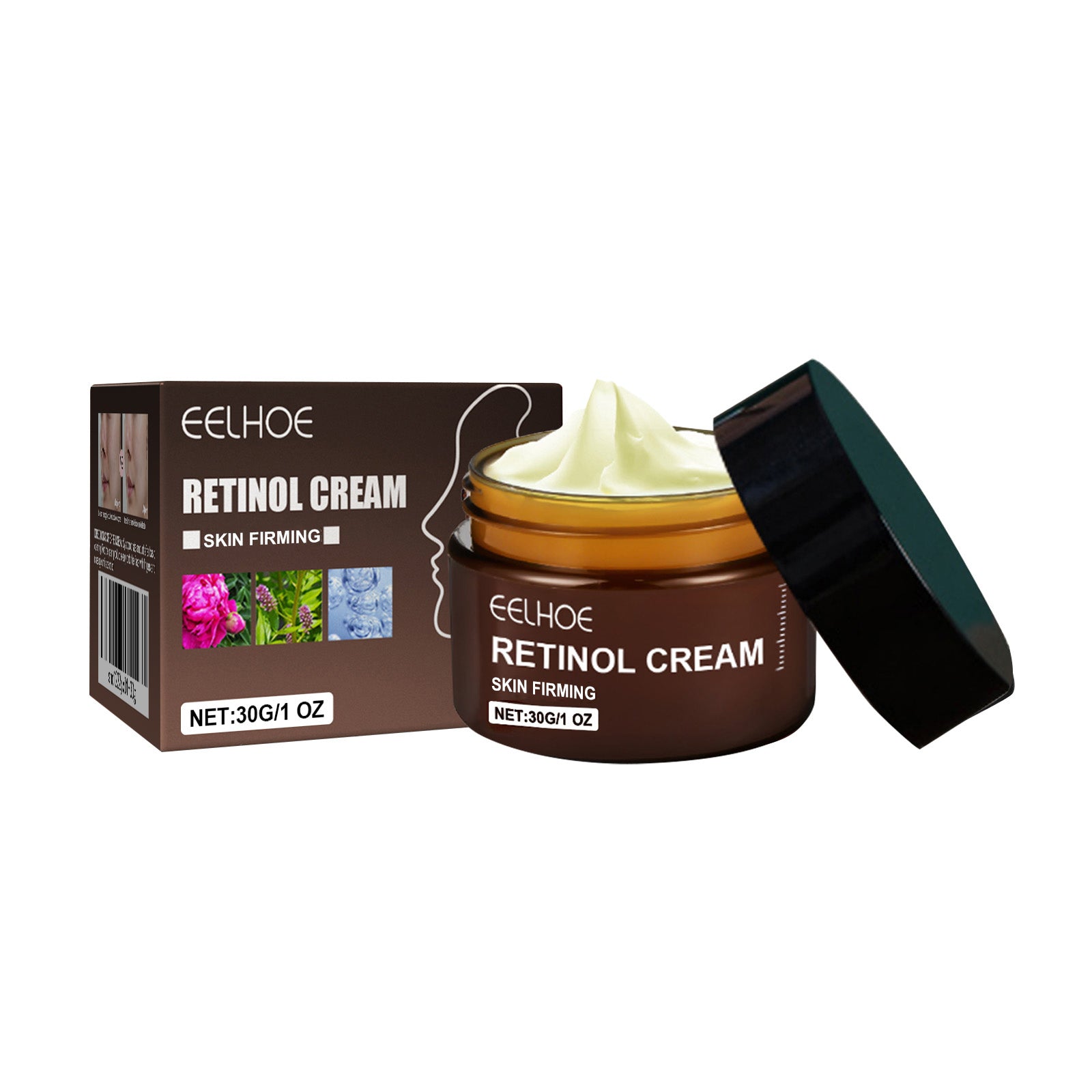 Retinol face cream box and jar with green-and-black cap, 30g