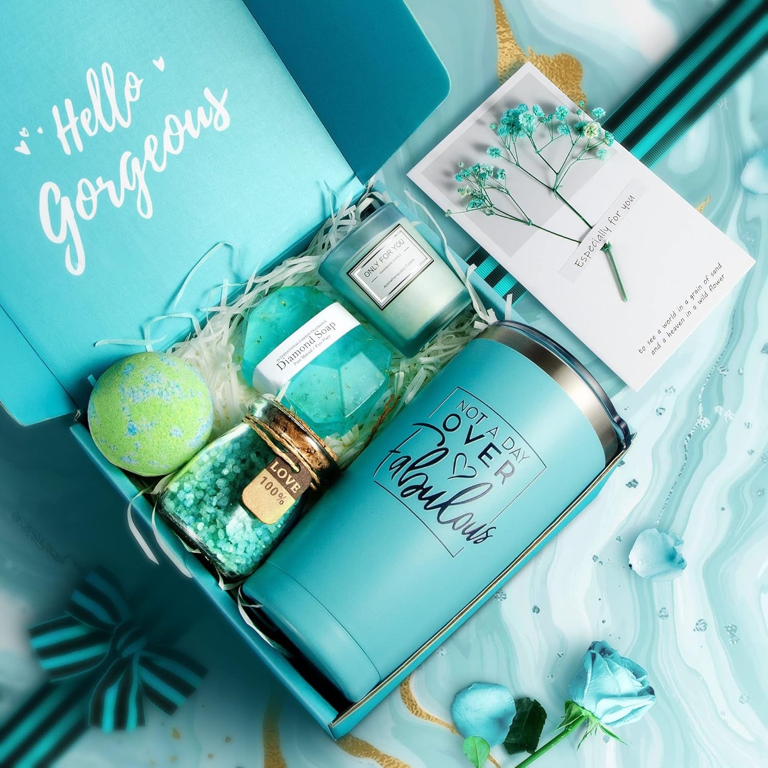 6-piece spa gift box with teal bath bomb, diamond soap, scented candles, bath salts jar
