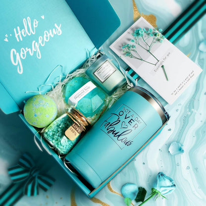 6-piece spa gift box with teal bath bomb, diamond soap, scented candles, bath salts jar