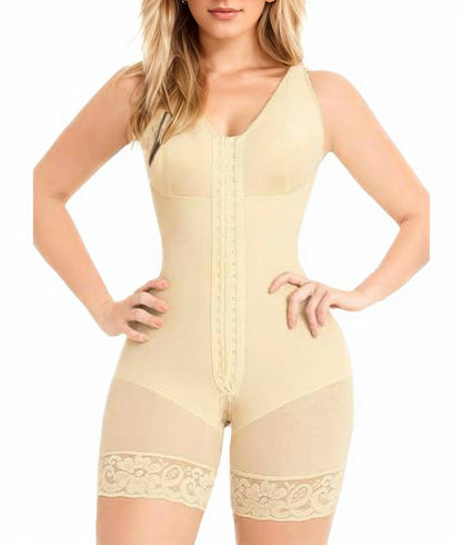 Beige full body tummy control shaper with front zipper panel and lace leg trim