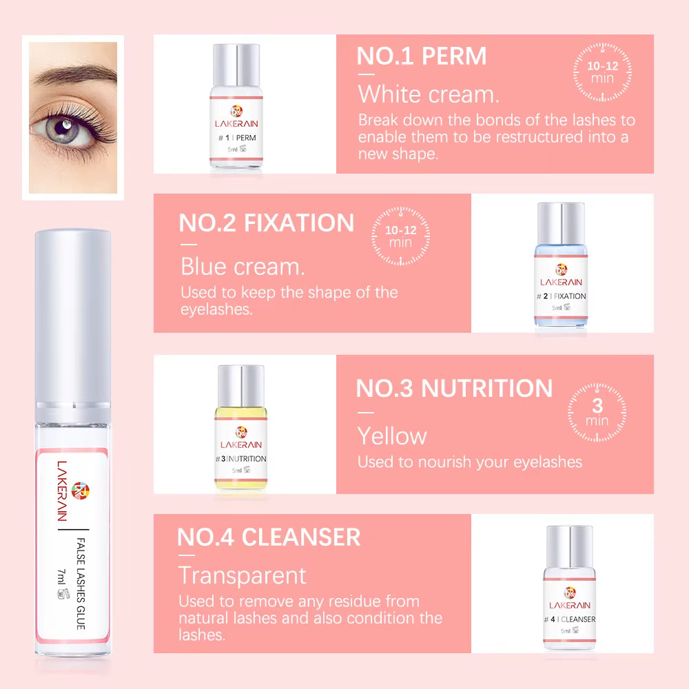 Eyelash perming kit products labeled No.1 perm, No.2 fixation, No.3 nutrition, No.4 cleanser