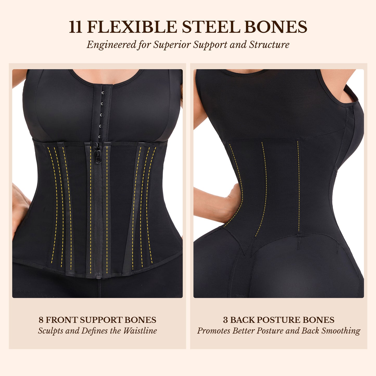 Black full-body shaper with visible flexible steel boning panels
