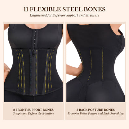 Black full-body shaper with visible flexible steel boning panels