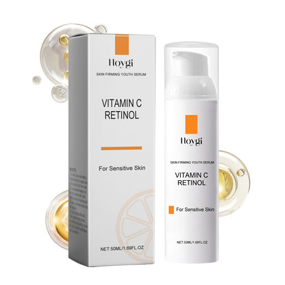 Vitamin C and retinol serum box and pump bottle set, front view