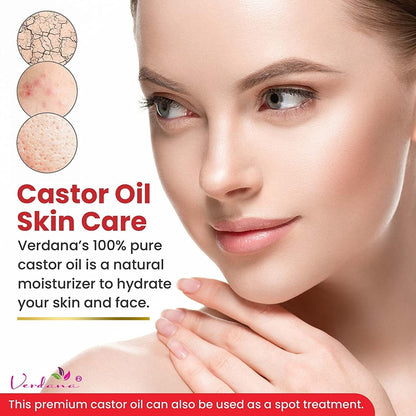 Castor oil skin care poster with model face and skincare benefit icons