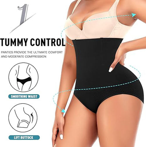 Black high-waist tummy control panty with smoothing waistline and full coverage.