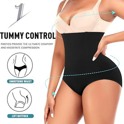 Black high-waist tummy control panty with smoothing waistline and full coverage.
