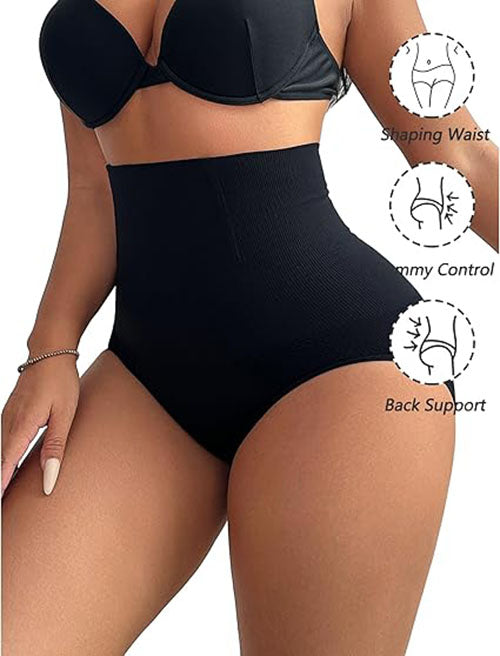 Black high-waist tummy control shaping panty with seamless full-coverage fit.