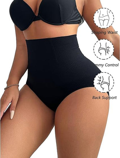 Black high-waist tummy control shaping panty with seamless full-coverage fit.