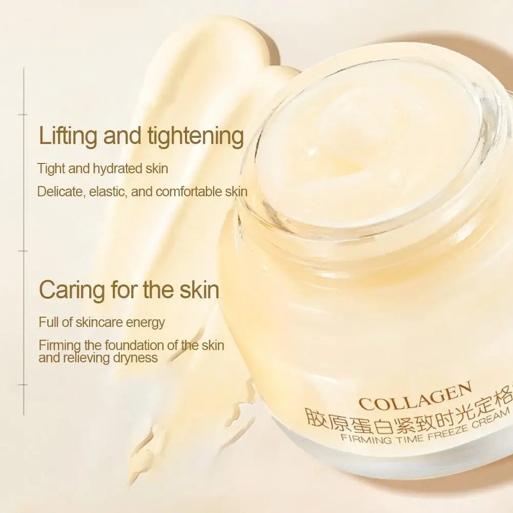 Collagen cream jar with a dollop spread on the open lid.
