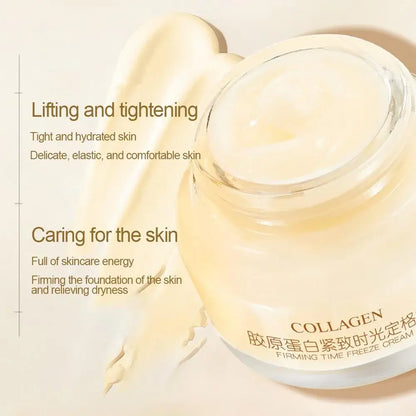 Collagen cream jar with a dollop spread on the open lid.