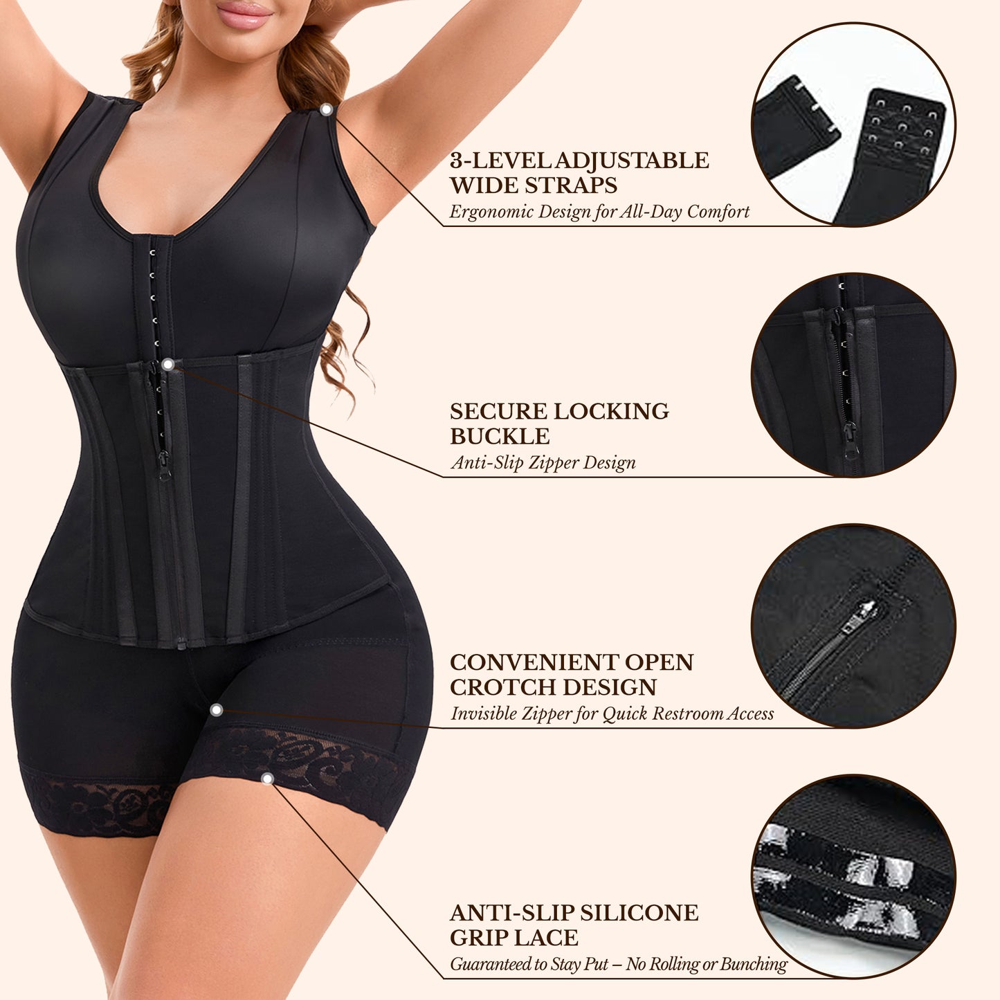 Black overbust compression shaper with wide straps and front hook-and-zip closure