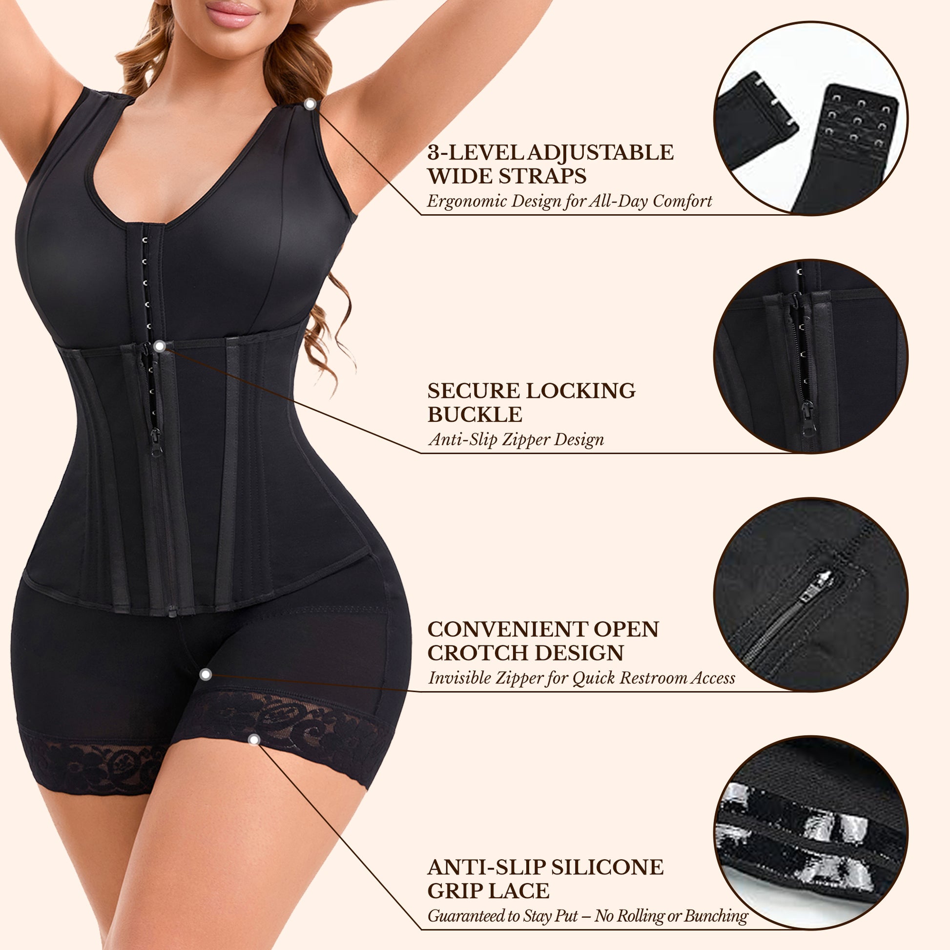 Black overbust compression shaper with wide straps and front hook-and-zip closure