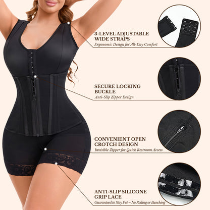 Black overbust compression shaper with wide straps and front hook-and-zip closure