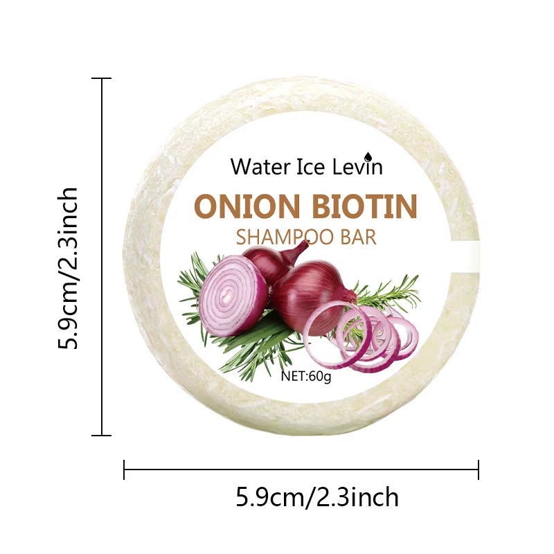 Onion biotin shampoo bar, solid beige circular soap, labeled 5.9 cm / 2.3 inch