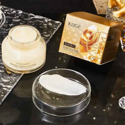 Collagen cream jar, open lid, and cream inside a clear round container.