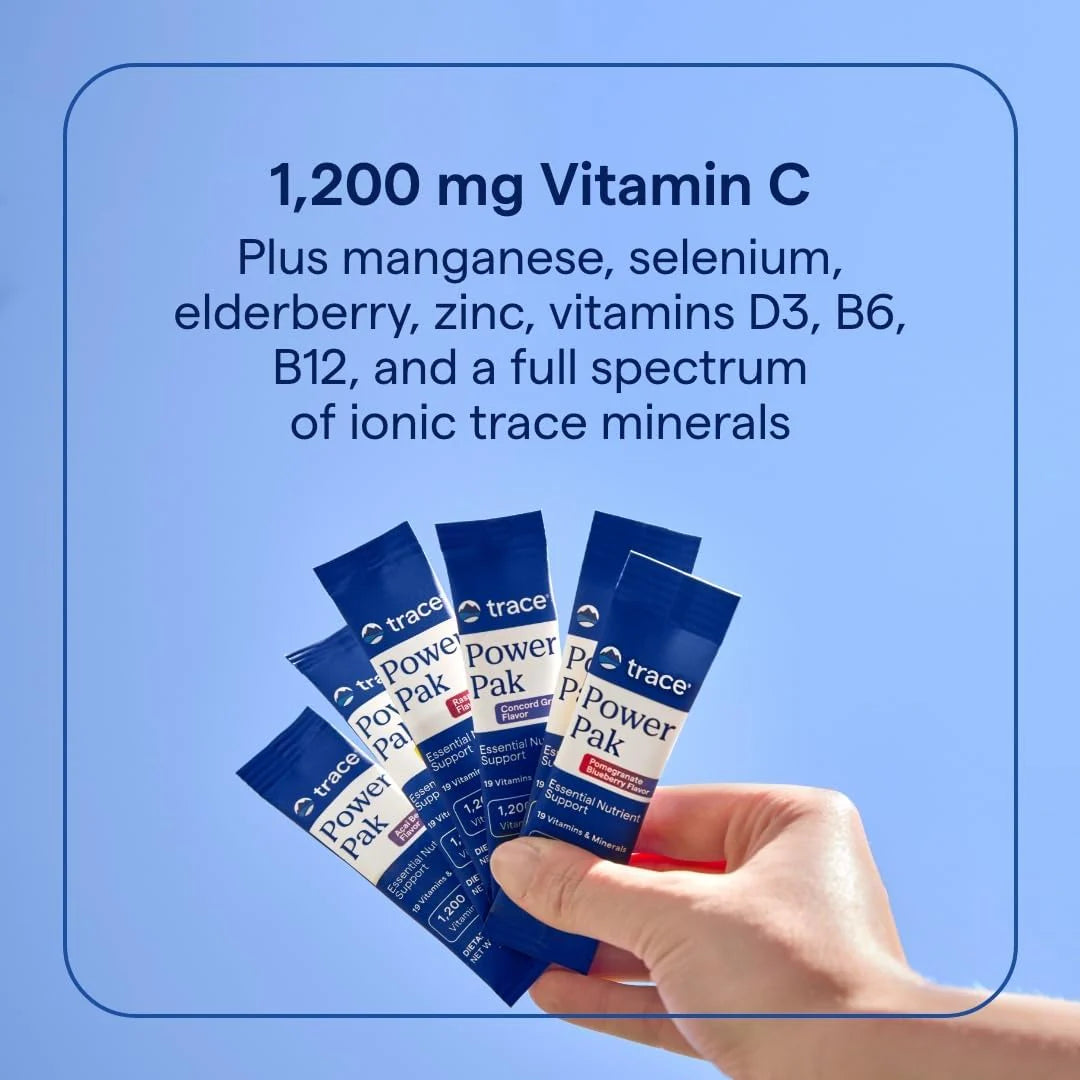 Multiple blue Power Pak packets fanned in hand; vitamin C and trace minerals claim