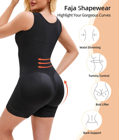 Black full body compression romper with front zipper panel and lace at the legs