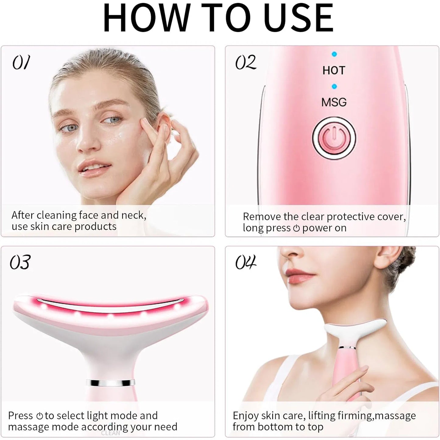 Pink face and neck massager showing heated mode control