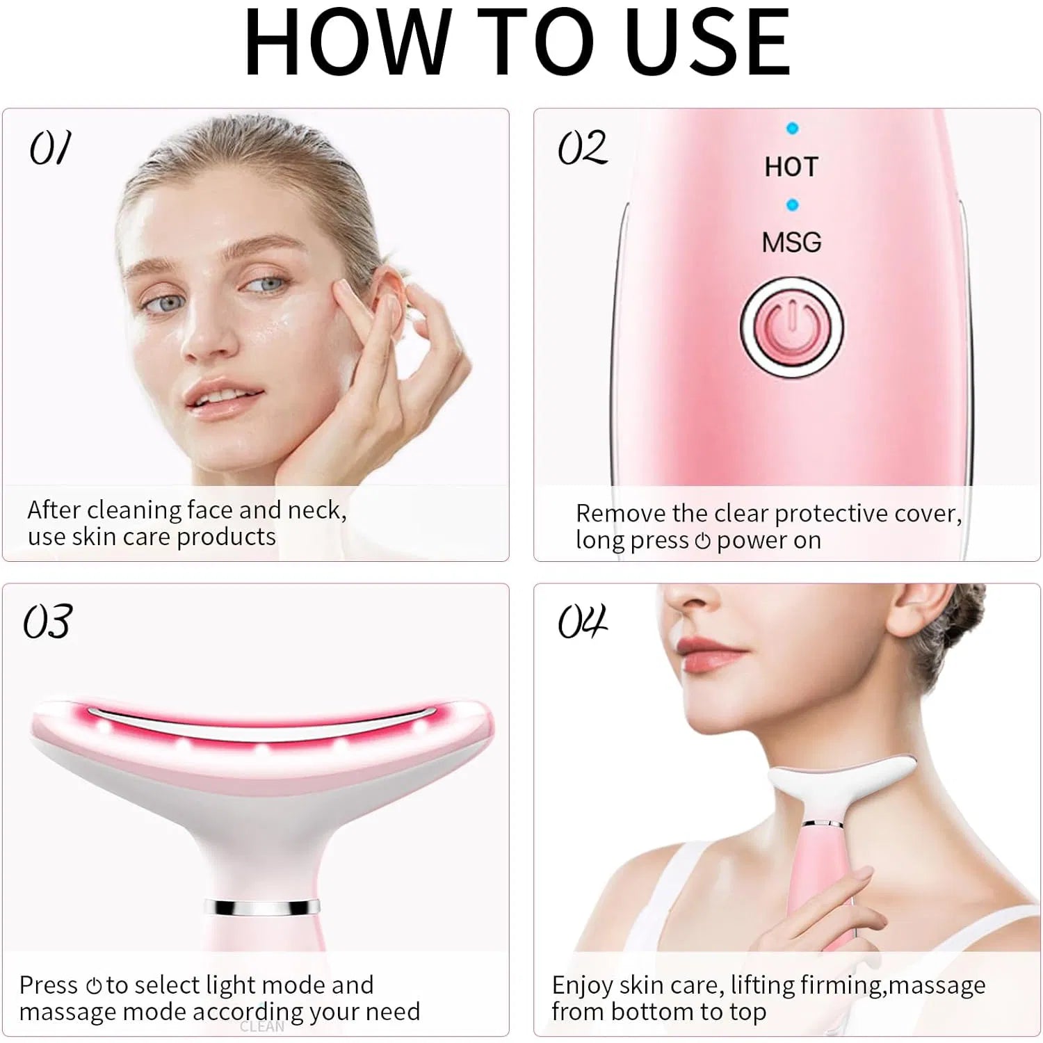 Pink face and neck massager showing heated mode control