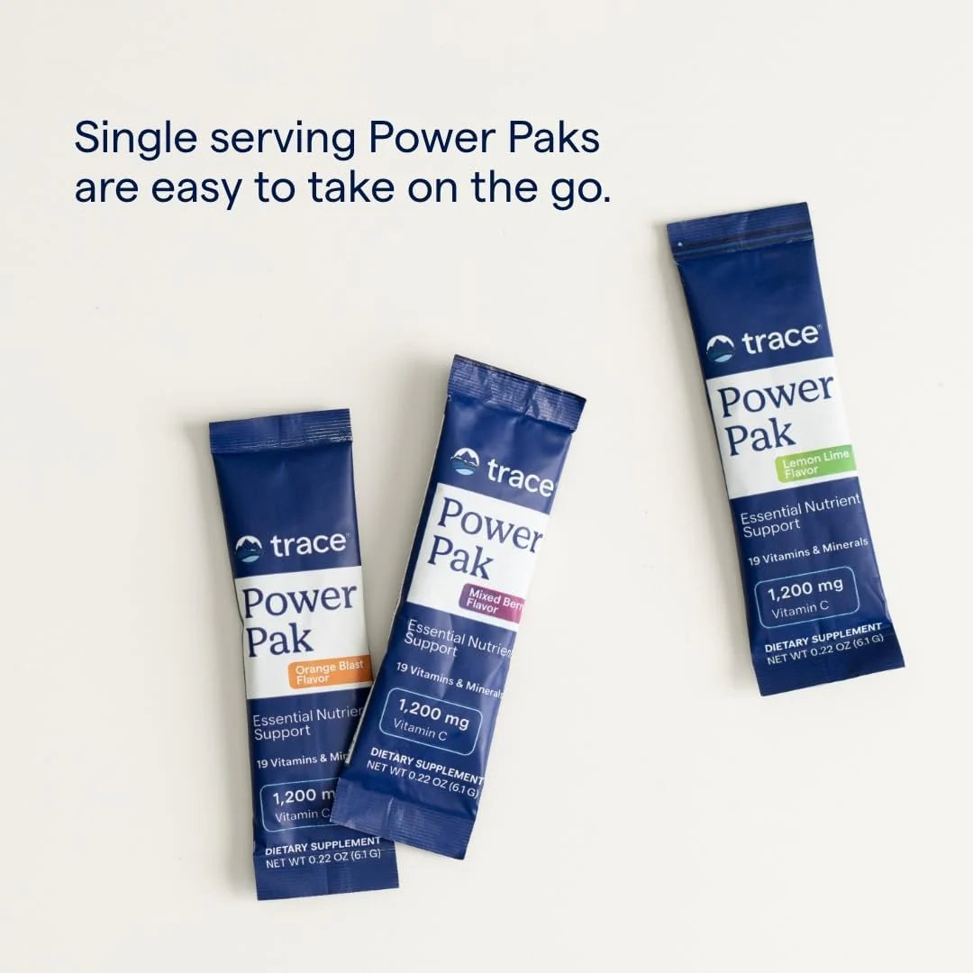 Single-serve Power Pak electrolyte packets, blue pouch design for on-the-go use