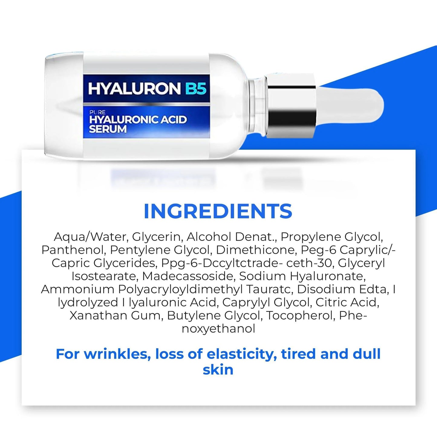 Hyaluronic acid B5 serum bottle with ingredients information card