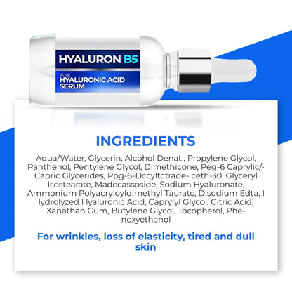 Hyaluronic acid B5 serum bottle with ingredients information card