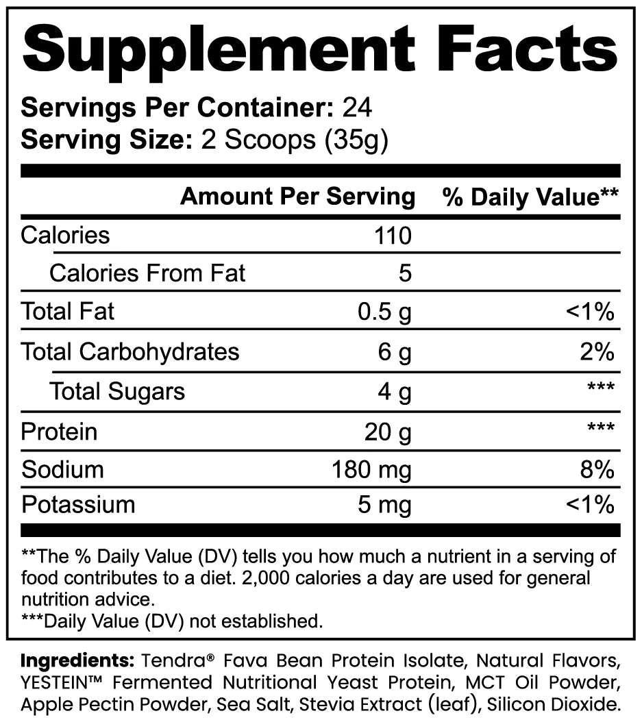 Supplement Facts label with servings, nutrition table, and ingredients list