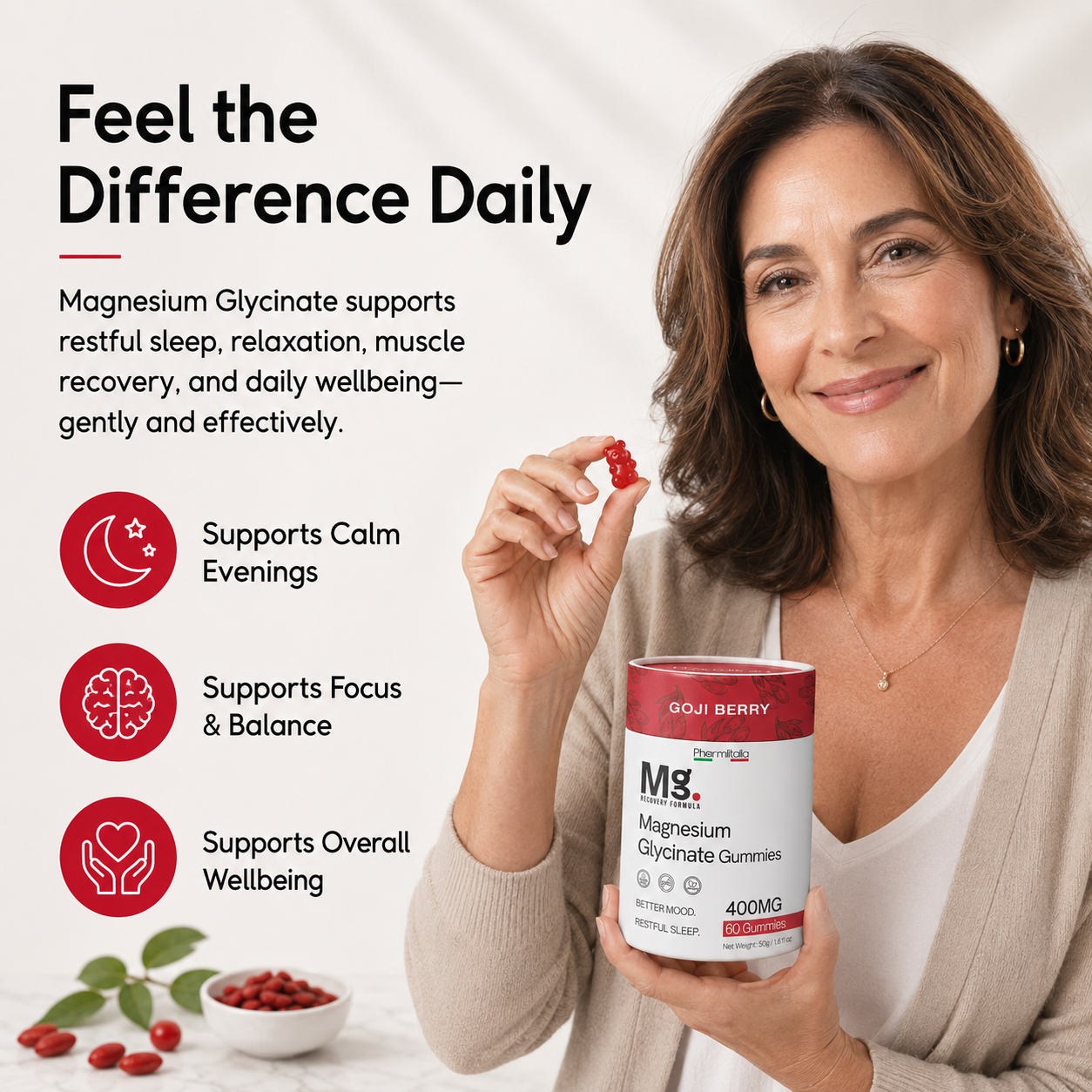 Magnesium glycinate gummies bottle held by a woman, Goji Berry 400 mg label