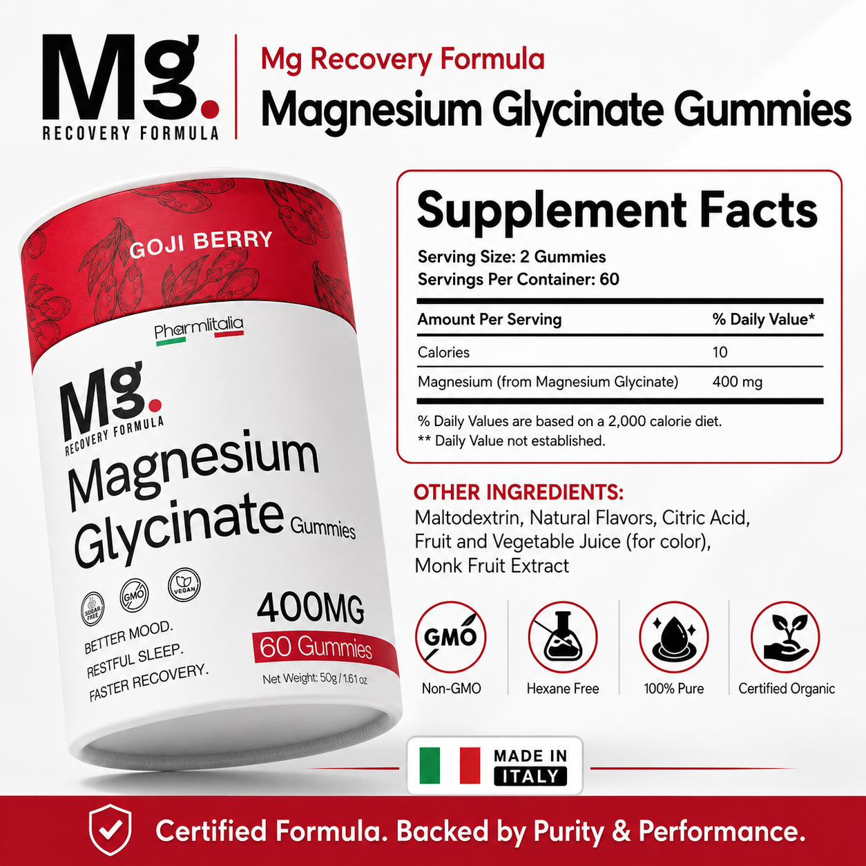 Magnesium glycinate gummies bottle with Supplement Facts label, Goji Berry 400 mg
