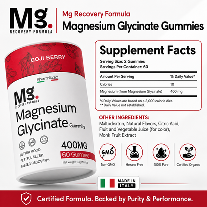 Magnesium glycinate gummies bottle with Supplement Facts label, Goji Berry 400 mg