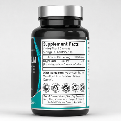 Magnesium glycinate supplement bottle with Supplement Facts panel on the rear label.