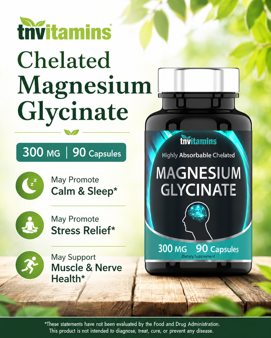 Magnesium glycinate supplement bottle with chelated label, 300 mg, 90 capsules.