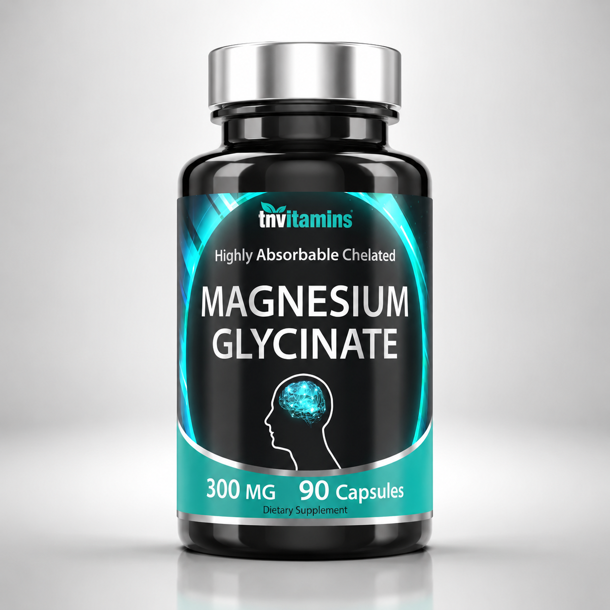 Magnesium glycinate supplement bottle, 300 mg, 90 capsules, black with teal front label.