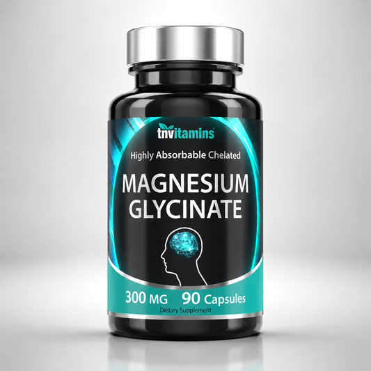 Magnesium glycinate supplement bottle, 300 mg, 90 capsules, black with teal front label.