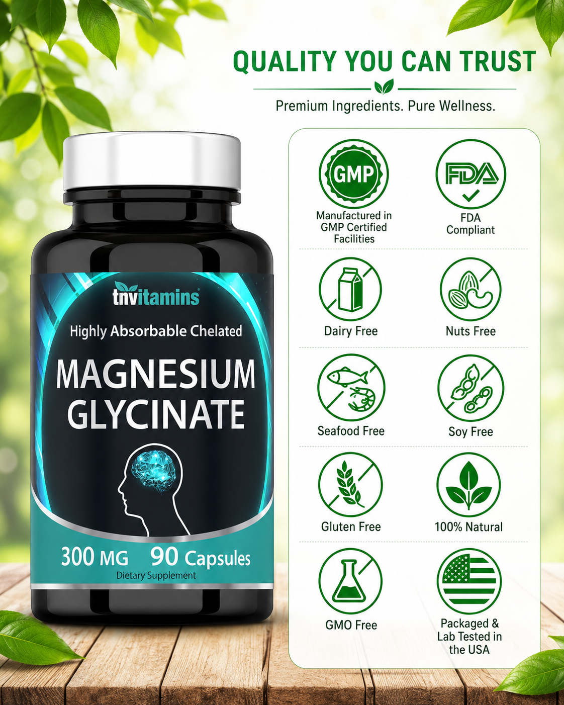 Magnesium glycinate supplement bottle with quality badges and 90-capsule label.