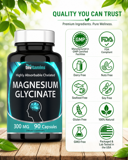 Magnesium glycinate supplement bottle with quality badges and 90-capsule label.