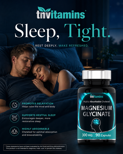 Magnesium glycinate supplement bottle, 300 mg, 90 capsules, teal-and-black front label.